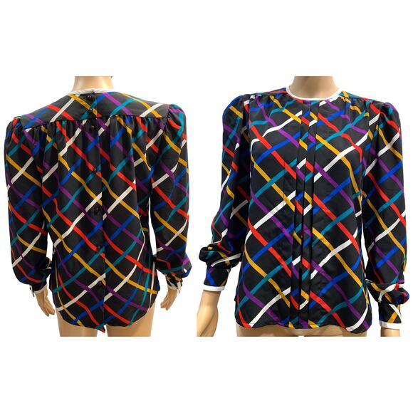 80s 90s Albert Nipon Colorful Grid Pattern Blouse | Pleat Front | XS - Picture 8 of 9